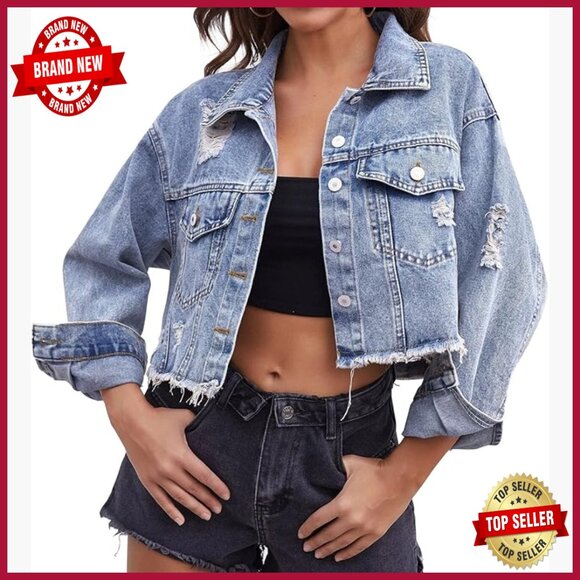 Cropped Denim Jacket Distressed Ripped Frayed Slim Fit Long Sleeve